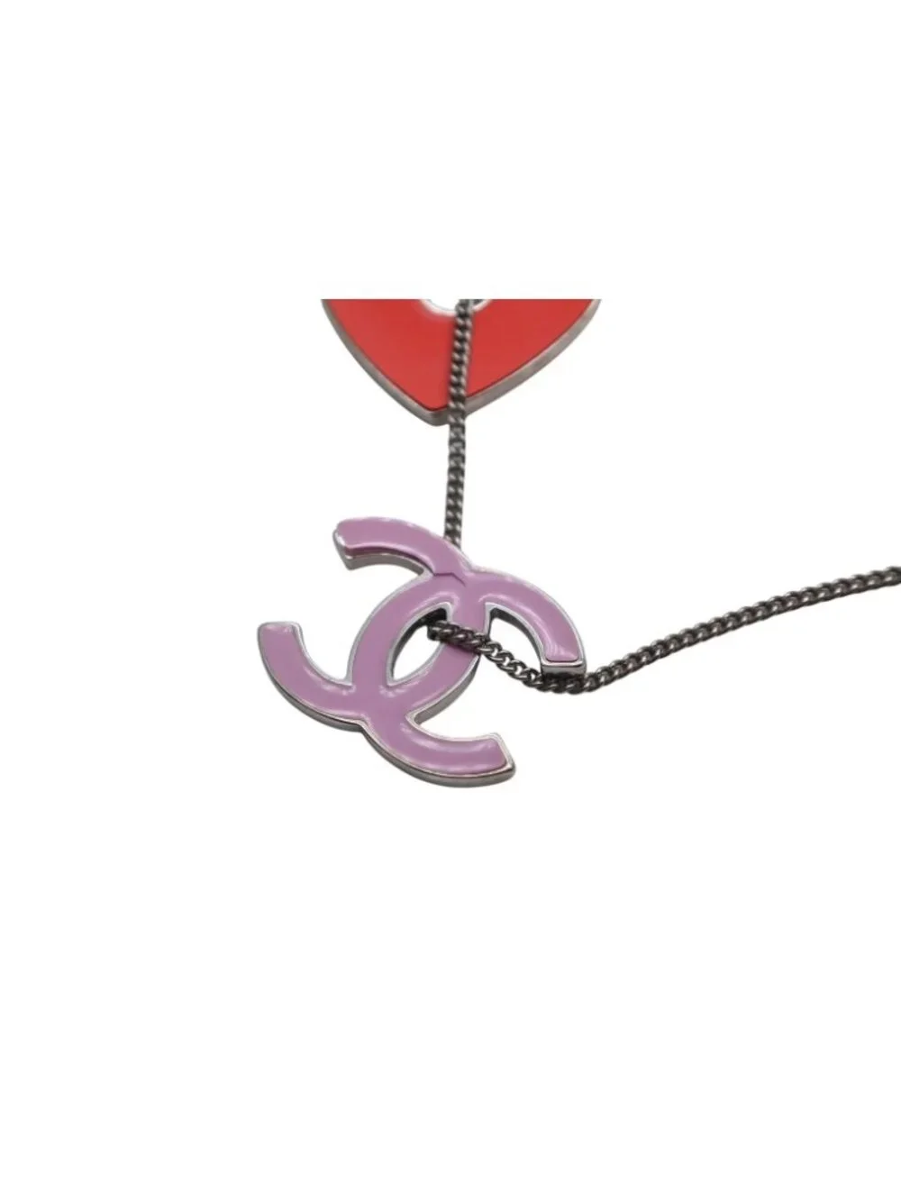 Chanel CC Logo Heart Necklace Metal Pink Red Silver